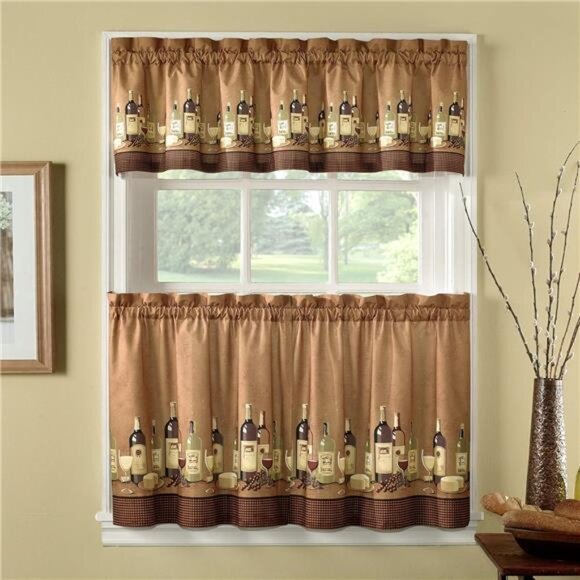 Wines Kitchen Curtain Set 36-inch Length, Brown - Picture 1 of 7